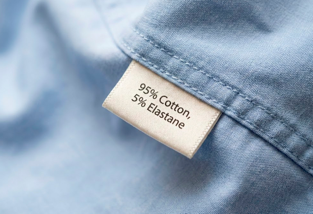 Close-up of shirt fabric tag showing cotton-elastane blend for stretch and comfort fit.
