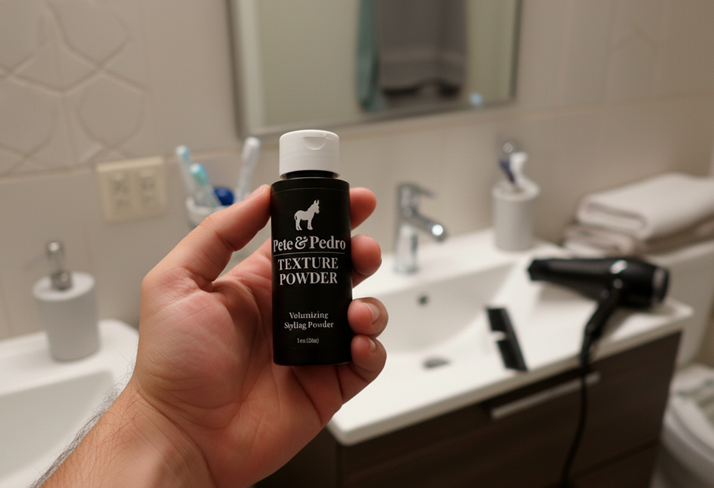 Hand holding Pete & Pedro Texture Powder in modern bathroom setting