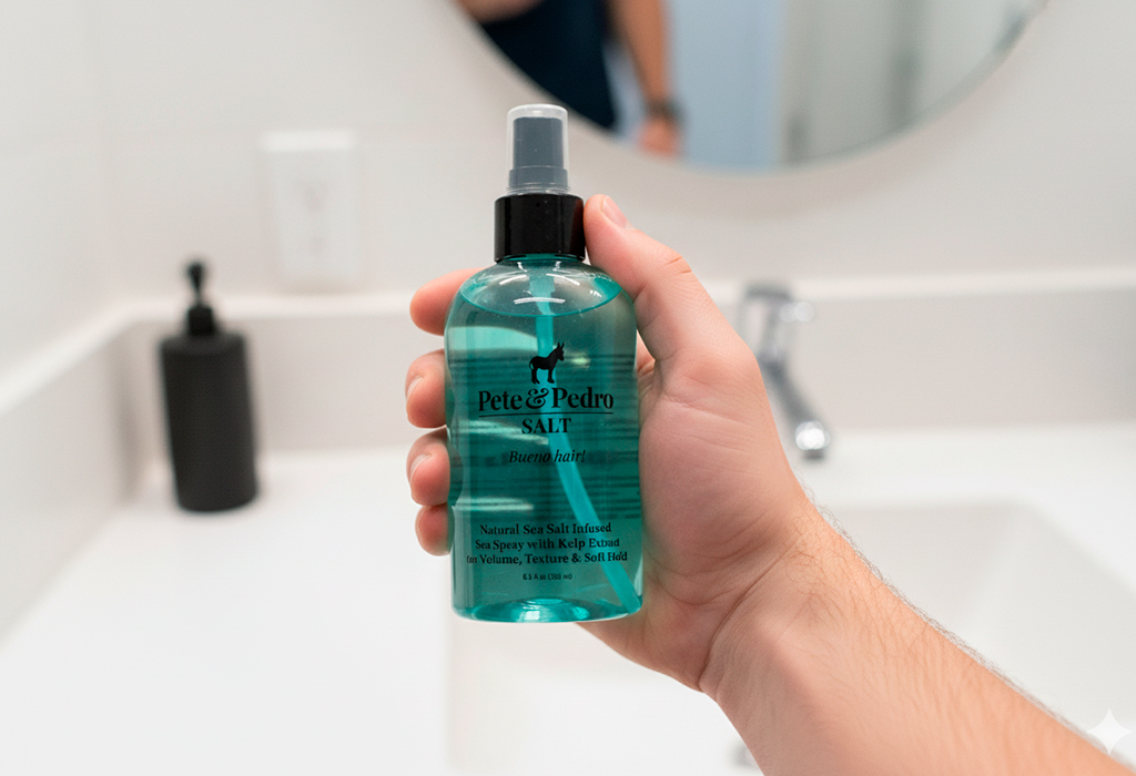Hand holding Pete & Pedro Sea Salt Spray bottle in clean modern bathroom.