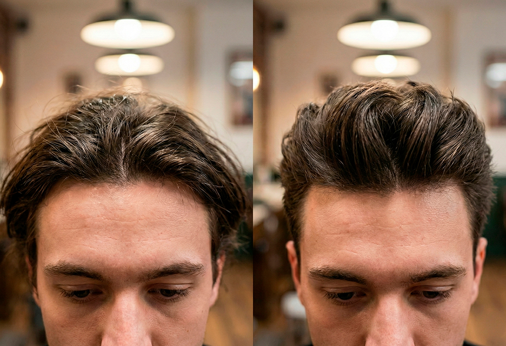 Before and after comparison showing flat hair versus lifted textured volume