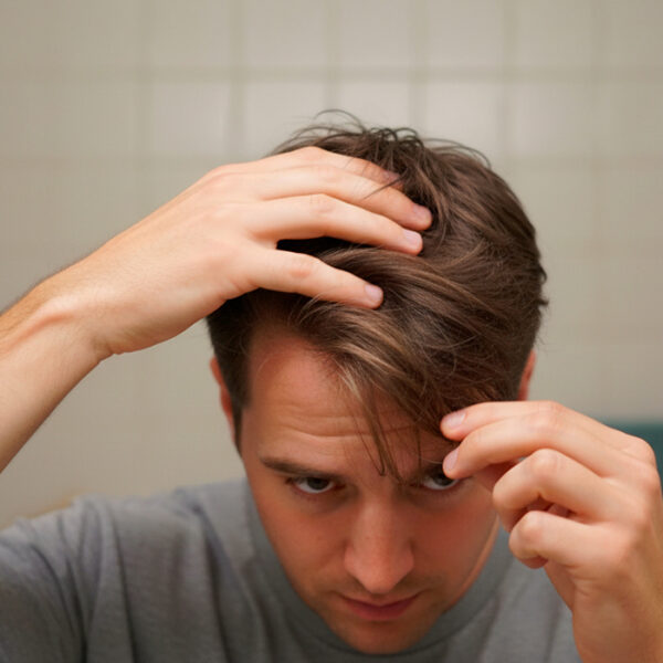 Man massaging hair roots with fingers to activate texture and volume