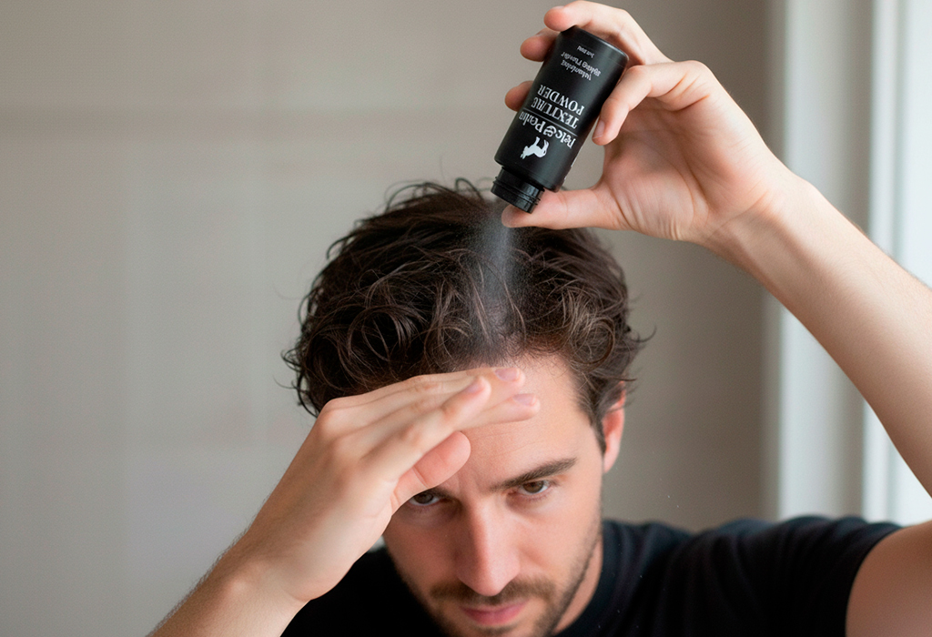 Man applying texture powder evenly through his hair for instant lift