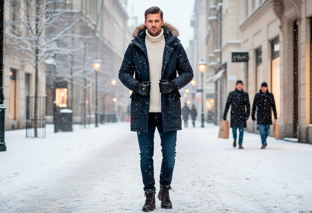 Man in navy parka and turtleneck sweater walking through snowy city street.