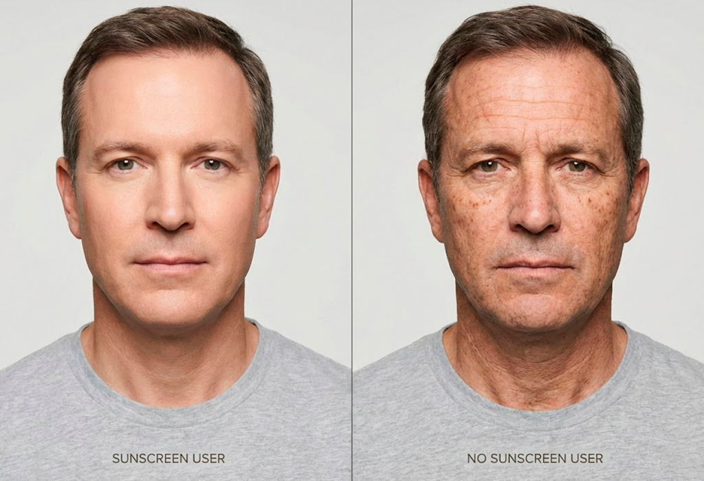 Side-by-side comparison of same middle-aged men showing visible sun damage from no sunscreen use