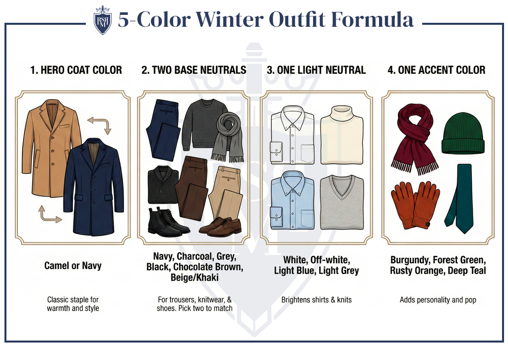 Men’s winter outfit formula showing hero coat color, base neutrals, light neutral, and accent color.