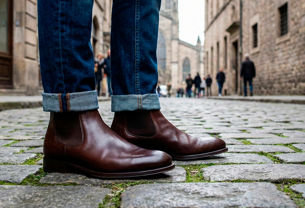 Brown Chelsea boots with cuffed dark jeans on a cobblestone street, casual smart style.