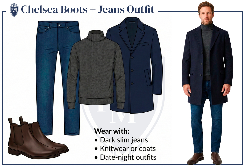 Chelsea boots with dark jeans, gray turtleneck, and navy overcoat—date-night outfit