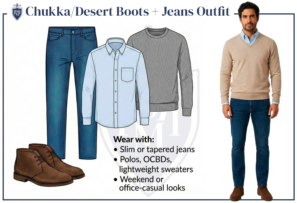 Chukka/desert boots with tapered jeans, OCBD, and lightweight sweater for smart casual.