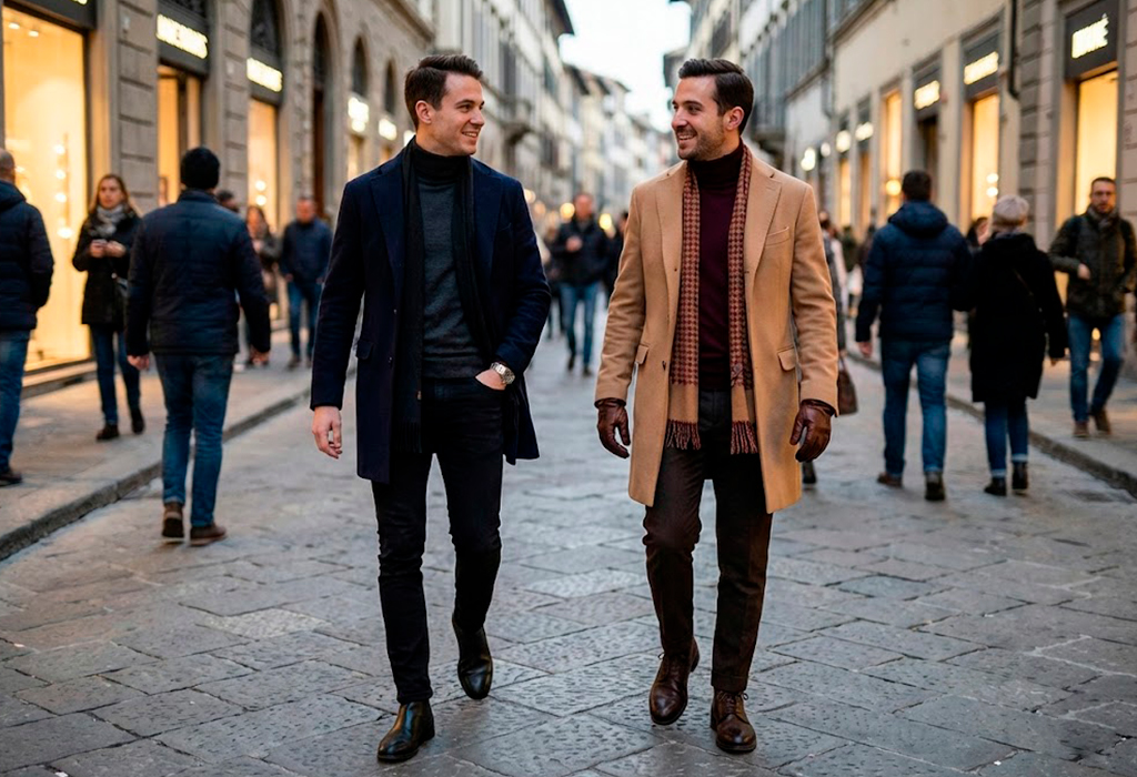 Date-night winter outfits with camel and navy overcoats styled with knitwear, scarves, and leather gloves.