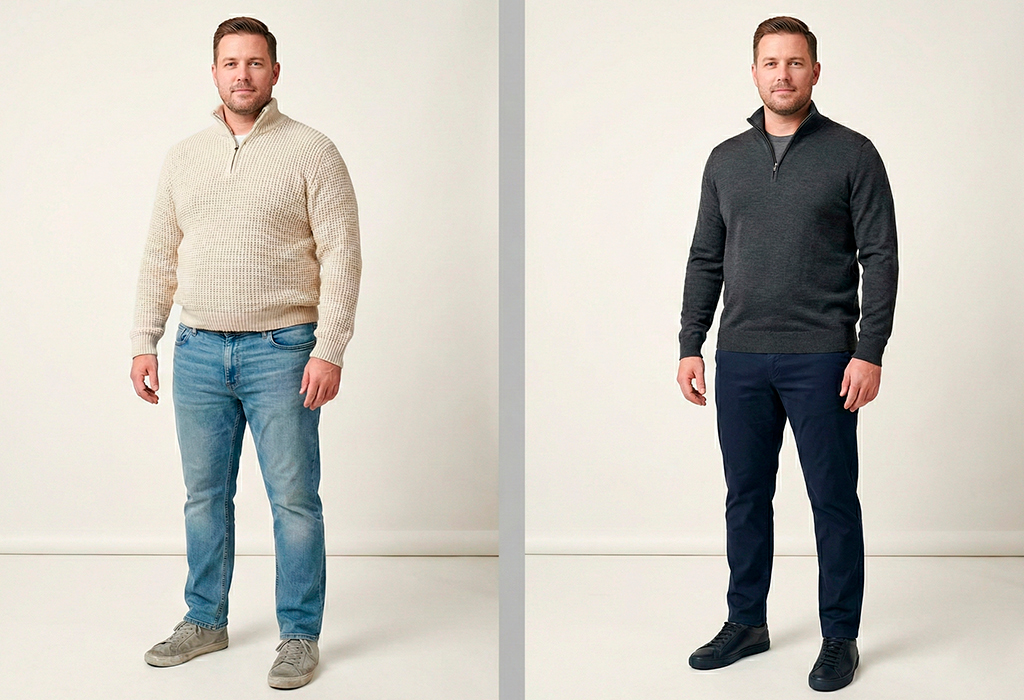 Man with larger midsection styled in well-fitted dark quarter-zip sweater and structured chinos.