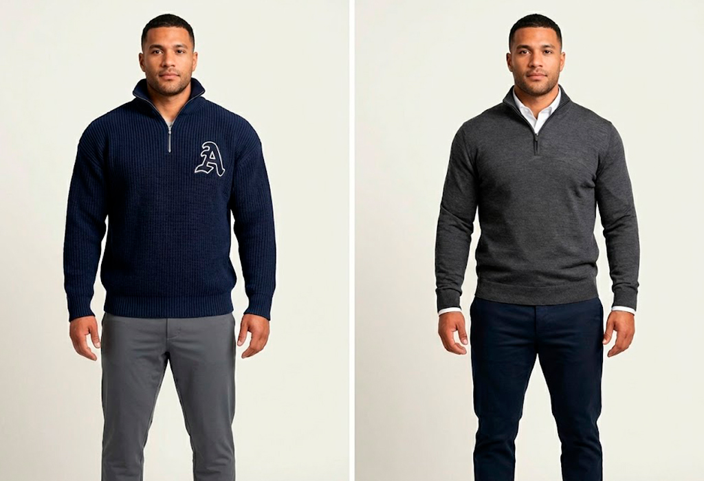 Fit man with athletic build wearing perfectly fitted dark quarter-zip sweater and navy trousers.