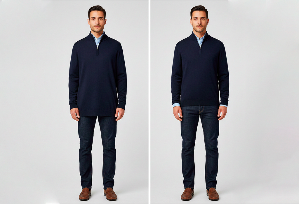Shorter man wearing navy quarter-zip with fitted jeans to elongate silhouette and balance proportions