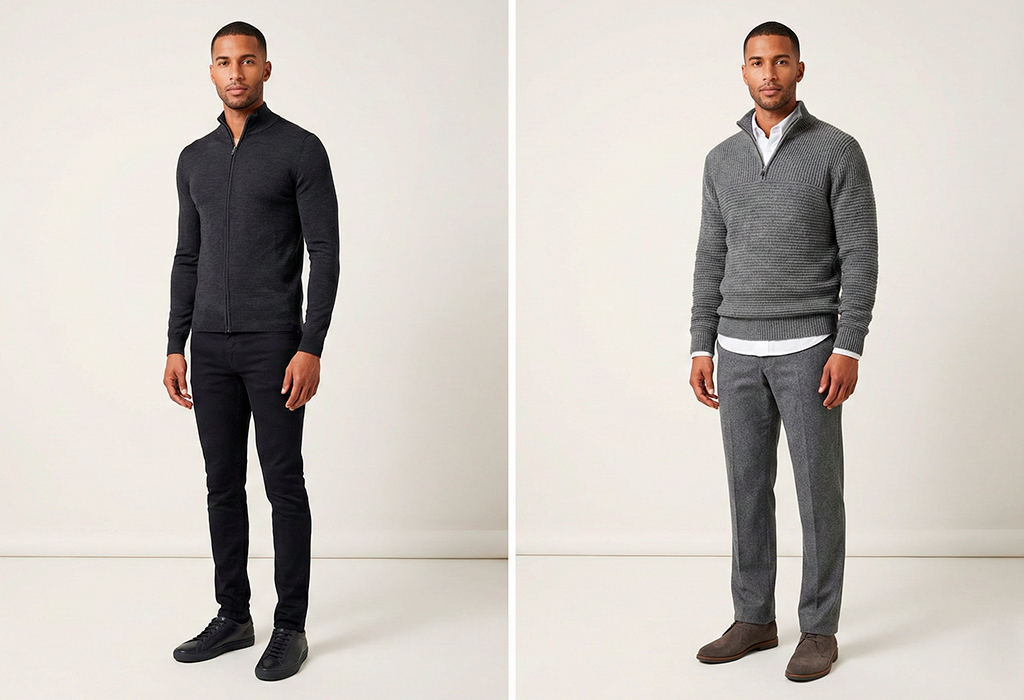 Tall, lean man wearing textured quarter-zip sweater layered over Oxford shirt with tailored trousers.