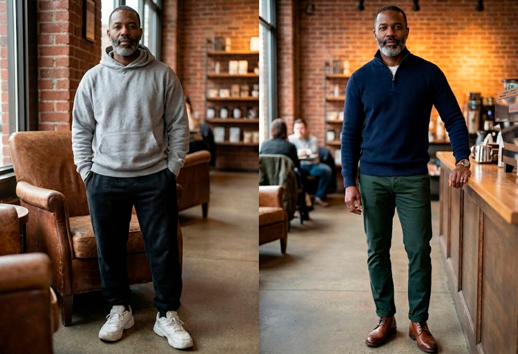 Before-after of mature man changing gray hoodie to navy quarter-zip sweater and tailored green chinos.