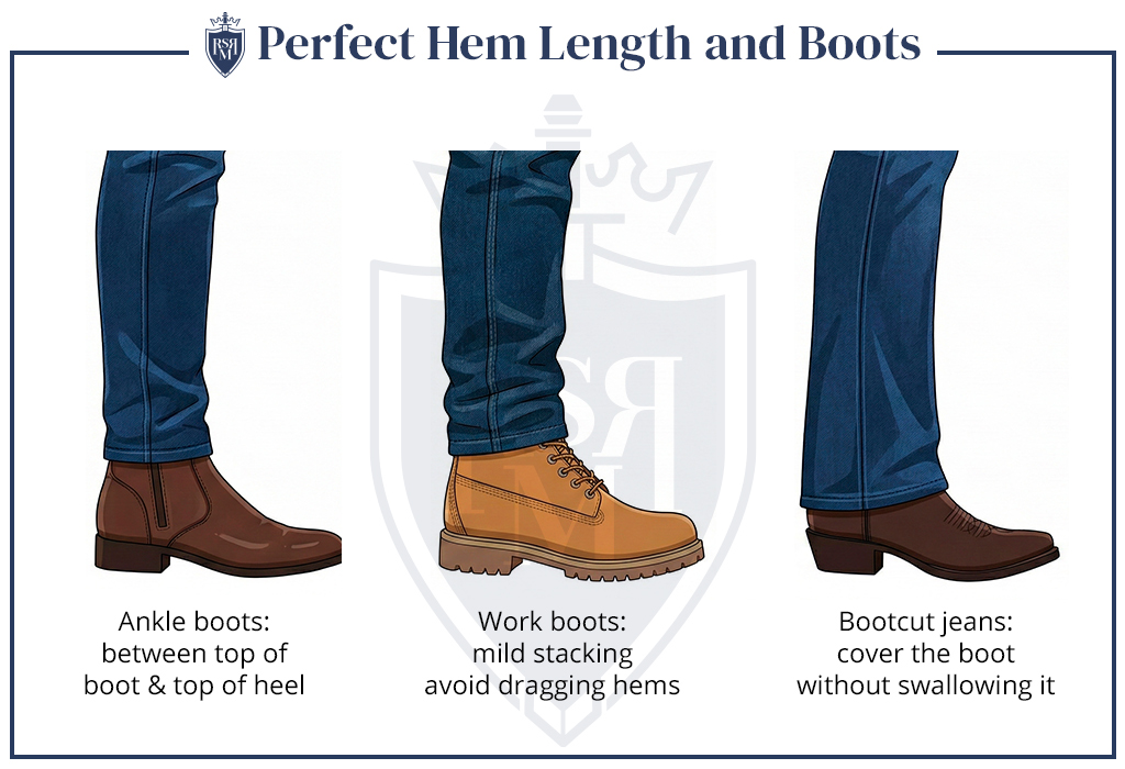 Diagram comparing ideal jean hem length for ankle boots, work boots, and bootcut jeans.