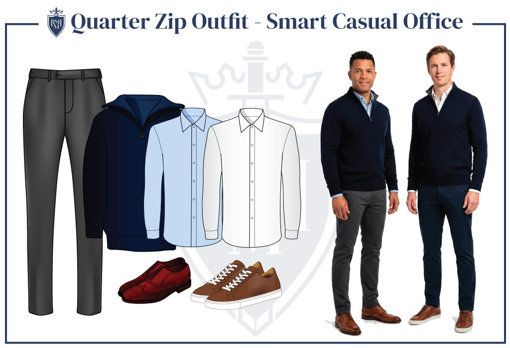 Office-ready quarter zip outfits styled with dress shirts, tailored pants, and brown leather shoes.