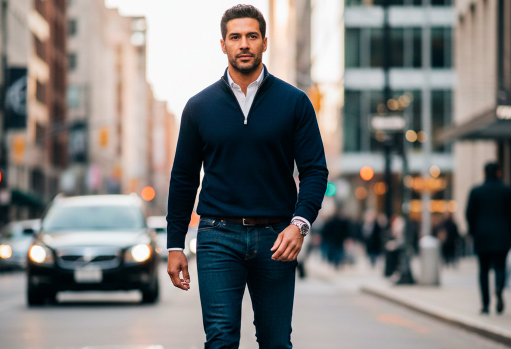 Confident man walks through city street wearing navy quarter zip sweater and fitted jeans.