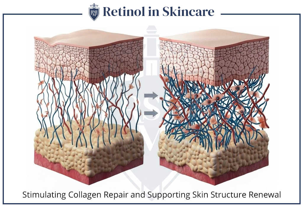 Scientific diagram showing how retinol stimulates collagen repair and strengthens skin structure from within