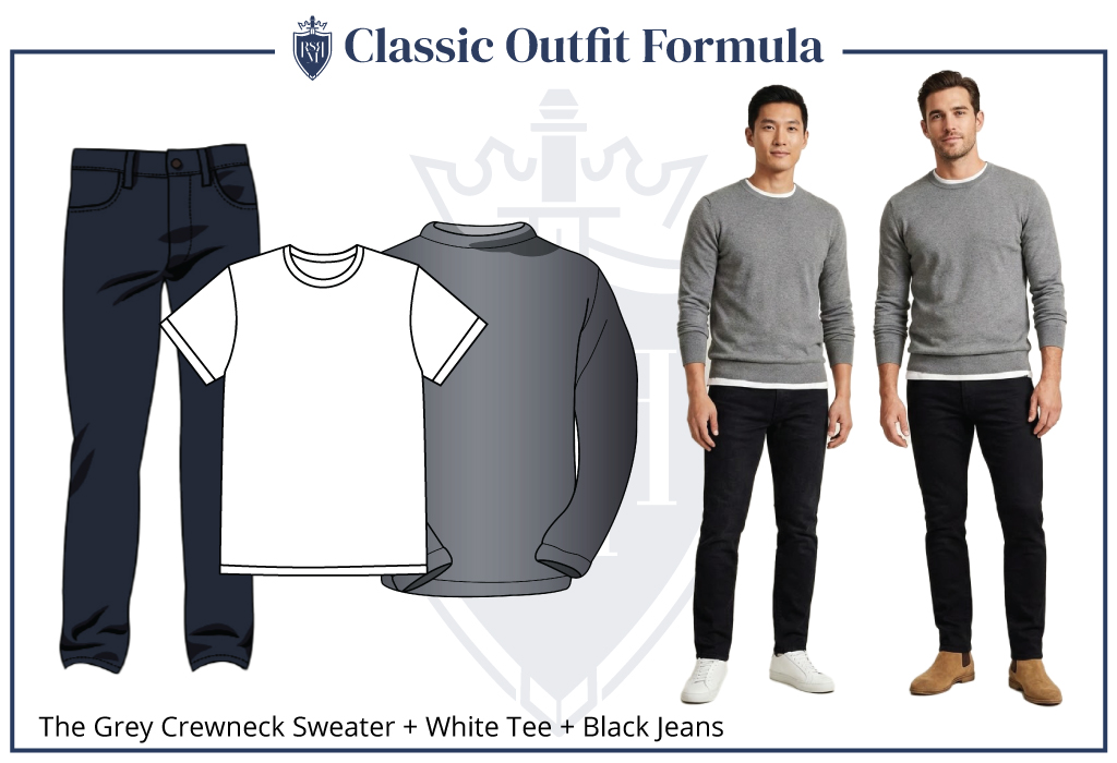 Infographic and photo showing two men wearing grey crewneck sweaters layered over white tees with black jeans. One pairs the look with white sneakers, the other with tan Chelsea boots. A timeless, easy-to-copy casual outfit combo that works year-round. Includes illustrated layout and photo examples.