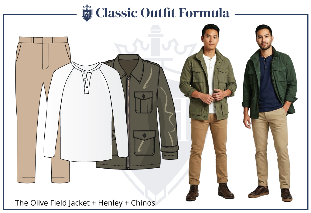 Infographic and photo of two men wearing olive field jackets layered over henley shirts with tan chinos and dark brown boots. This outfit guide highlights how to achieve a rugged yet polished casual look. Includes illustrated clothing breakdown and real outfit inspiration for everyday wear.