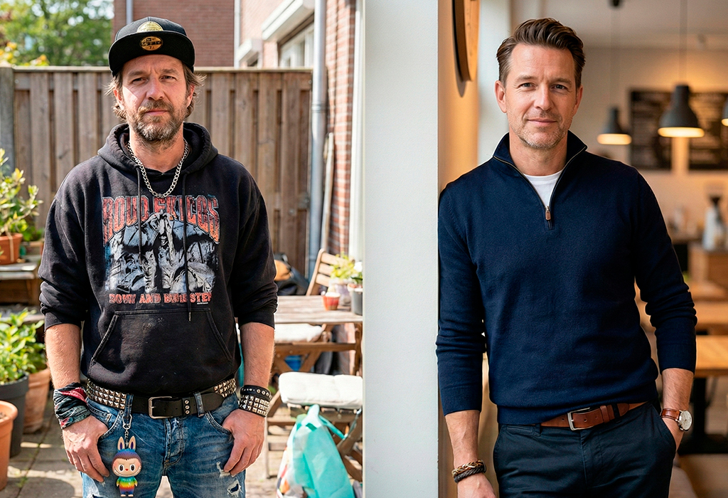 Before-after of man removing studded belt, chains, and hoodie, now in quarter-zip and leather belt.