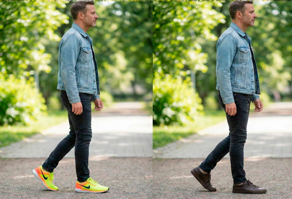 Before-after of man swapping neon sneakers for dark leather shoes with denim jacket and jeans.