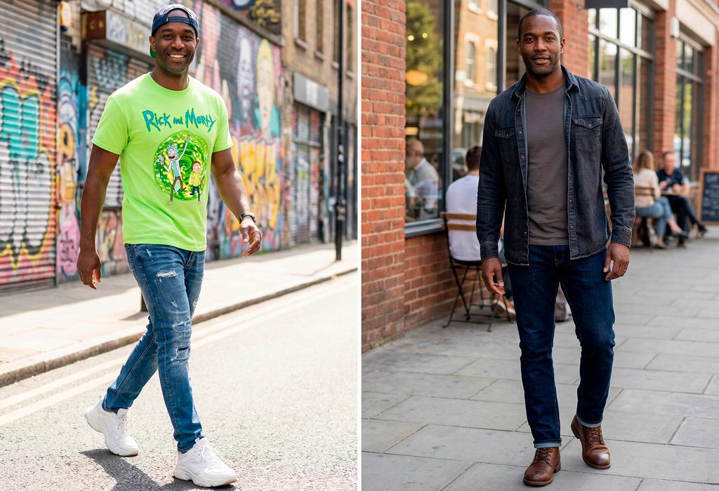 Before-after of man replacing bright Rick and Morty T-shirt with dark overshirt and clean jeans.