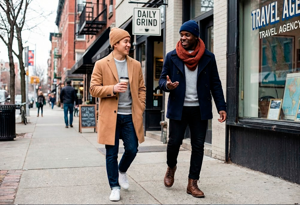 Casual winter outfits with camel and navy overcoats styled with sweaters, jeans, boots, and scarves.