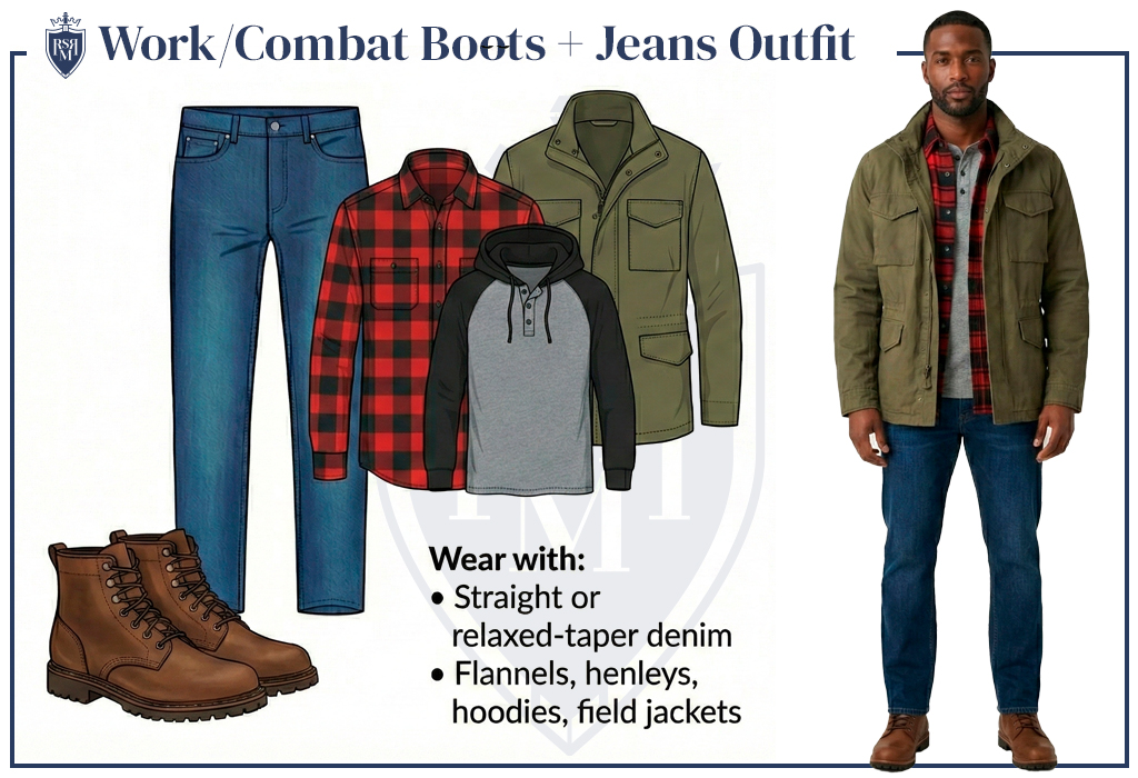 Outfit board: straight jeans, flannel, henley hoodie, field jacket with work boots.