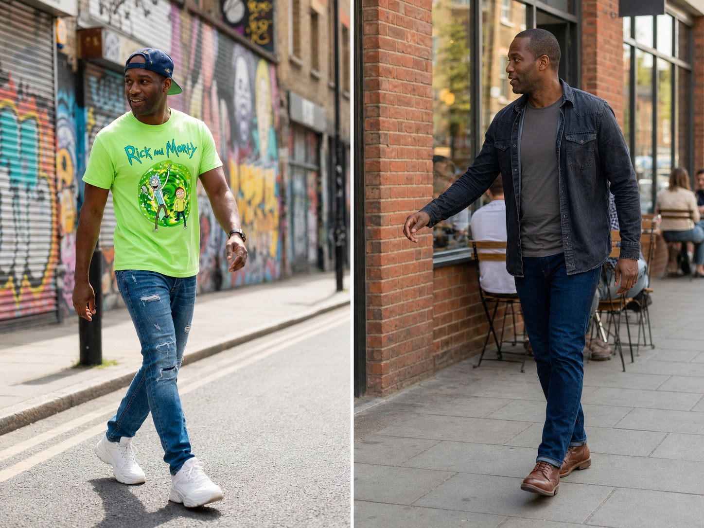 Black man walks through urban streets, contrasting a graphic tee with smart-casual denim