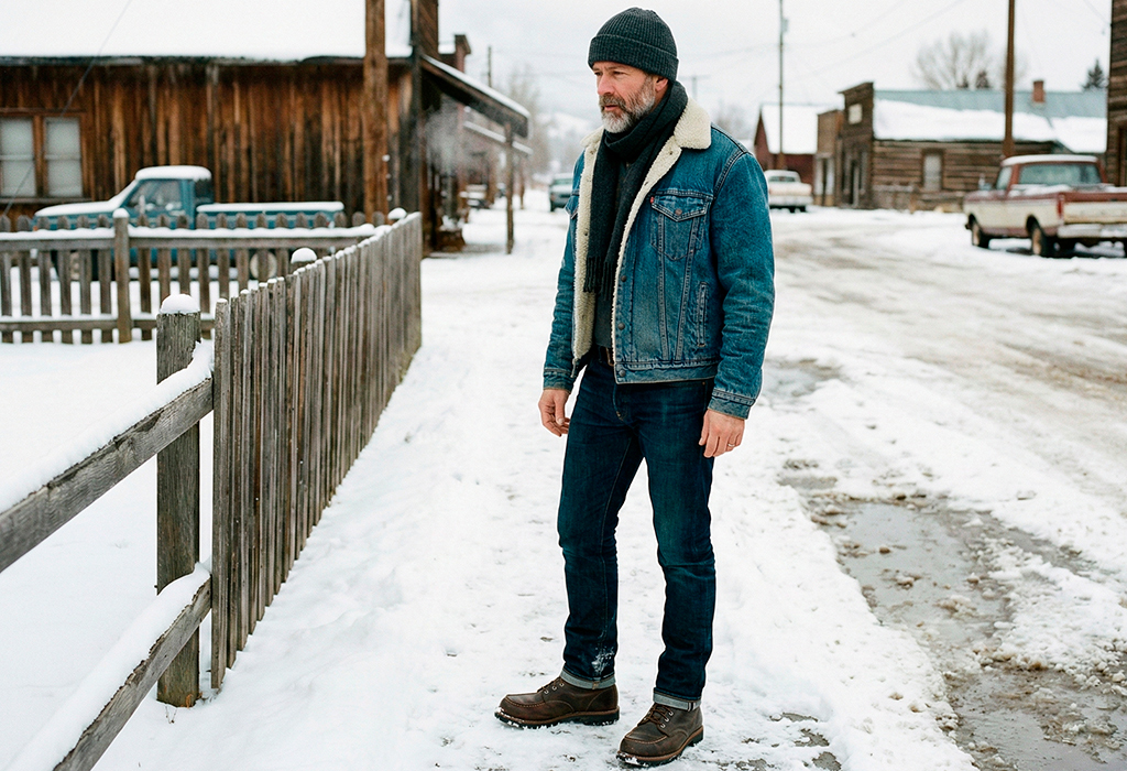 Man wearing denim sherpa jacket, dark jeans, scarf, and leather boots in snowy weather.