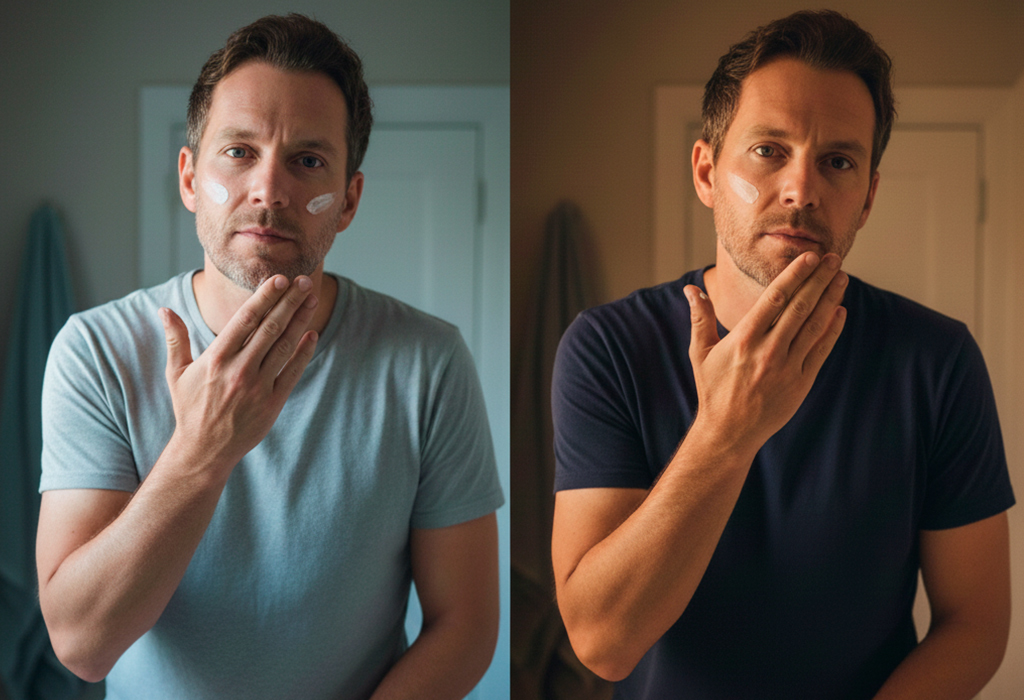 Side-by-side images of man applying skincare — bright morning routine and warm-lit nighttime skincare ritual.