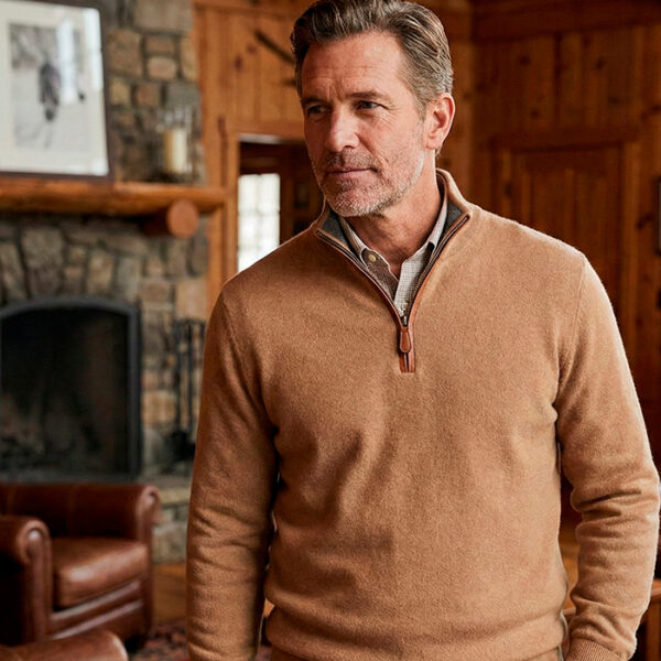 man wearing camel cashmere quater zip