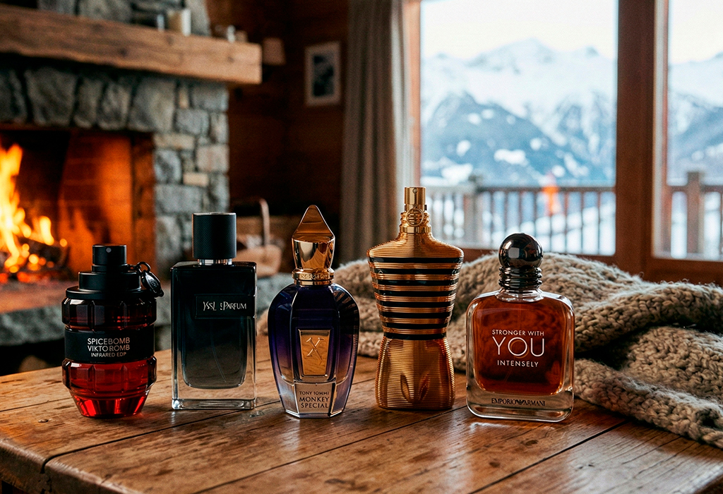 Five winter fragrance bottles on wooden table by fireplace, snowy mountains outside window.