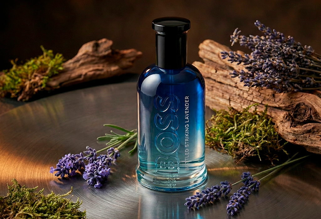 Hugo Boss Bottled Striking Lavender blue bottle with fresh lavender sprigs.