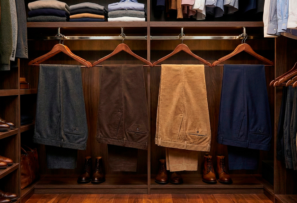 Closet lineup of winter business-casual trousers with leather boots for cold-weather offices.