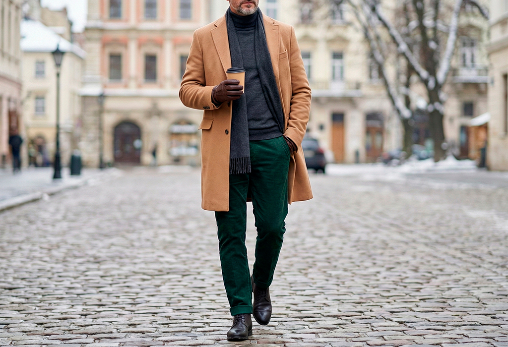 Camel overcoat with charcoal turtleneck, forest-green trousers, dark scarf, and leather boots.
