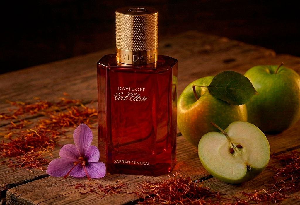 Davidoff Cool Elixir Safran Mineral bottle with green apple and saffron threads.