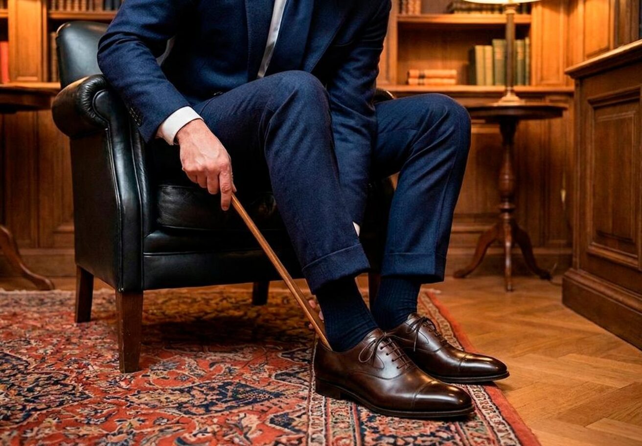 man is using shoe horn to put on shoes