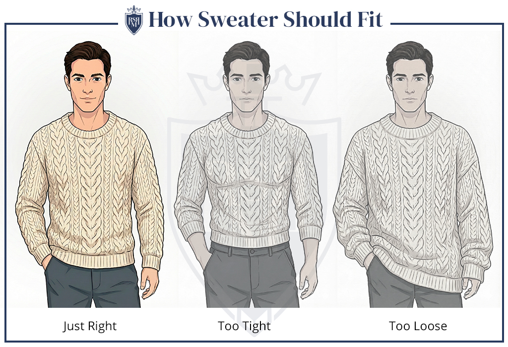 Sweater fit guide showing just right, too tight, and too loose examples.