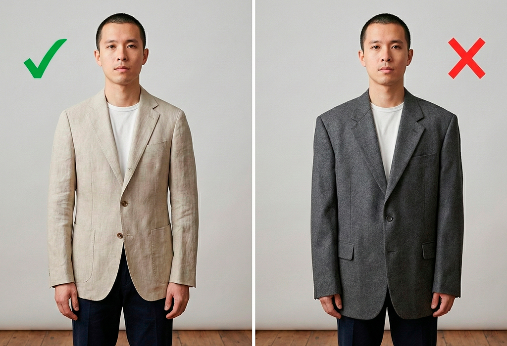 Side-by-side jacket fit: beige blazer proper proportions, gray blazer too long and boxy.
