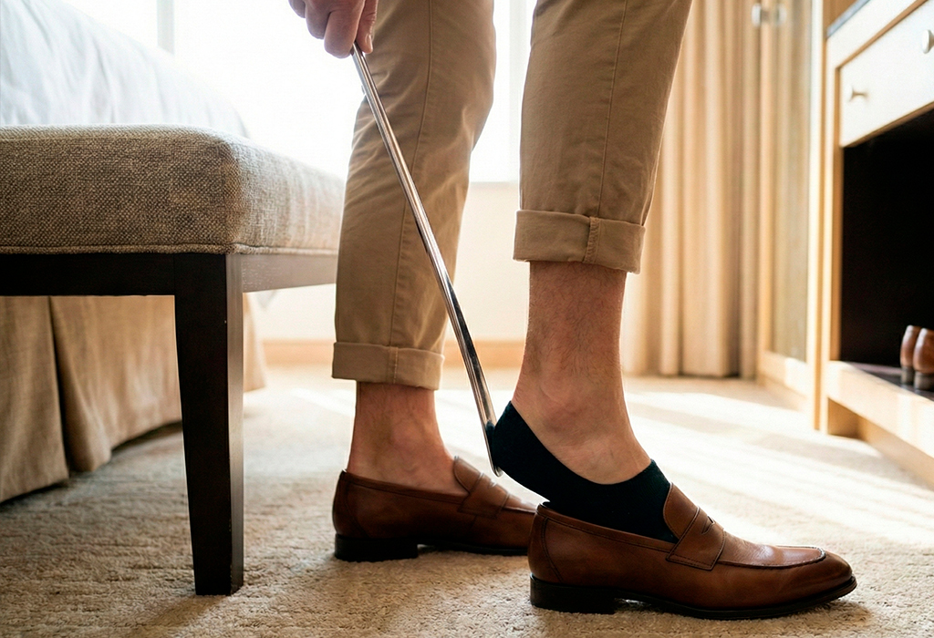 Man using shoehorn to slip into brown loafers, wearing black no-show socks.