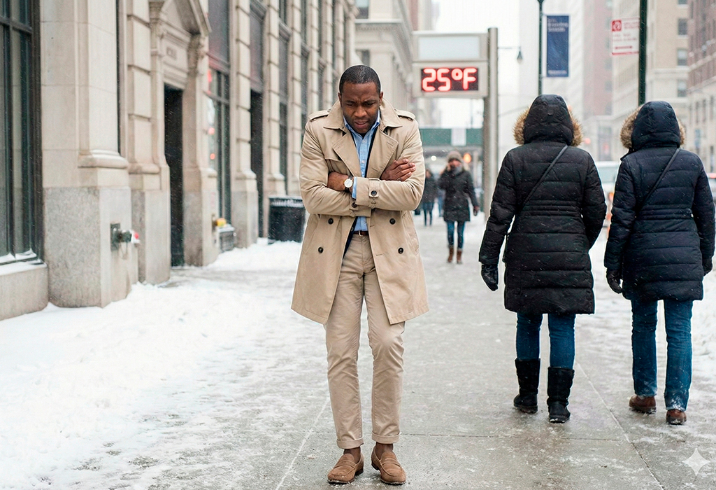 Shivering man in thin trench coat—example of dressing too cold for winter commutes.