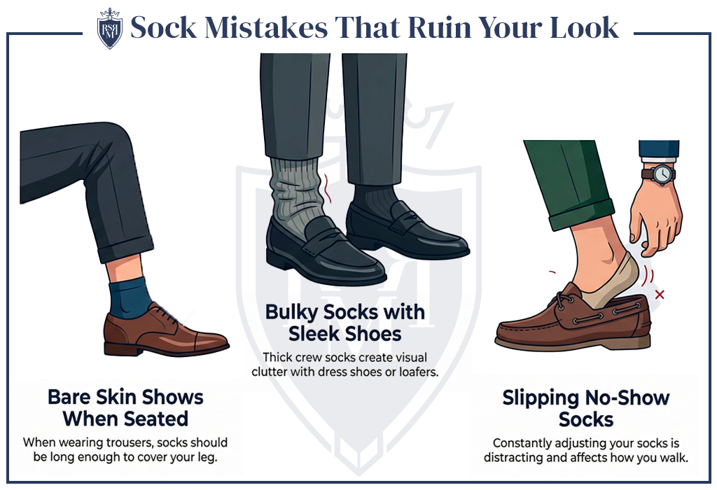 Infographic showing three sock mistakes: sock gap, bulky socks with loafers, slipping liners