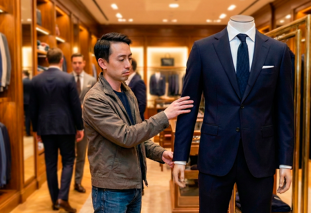 hort man compares navy suit on mannequin, checking sleeve and shoulder proportions.
