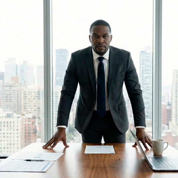 Executive in dark suit leans on desk, projecting authority in a bright modern office.