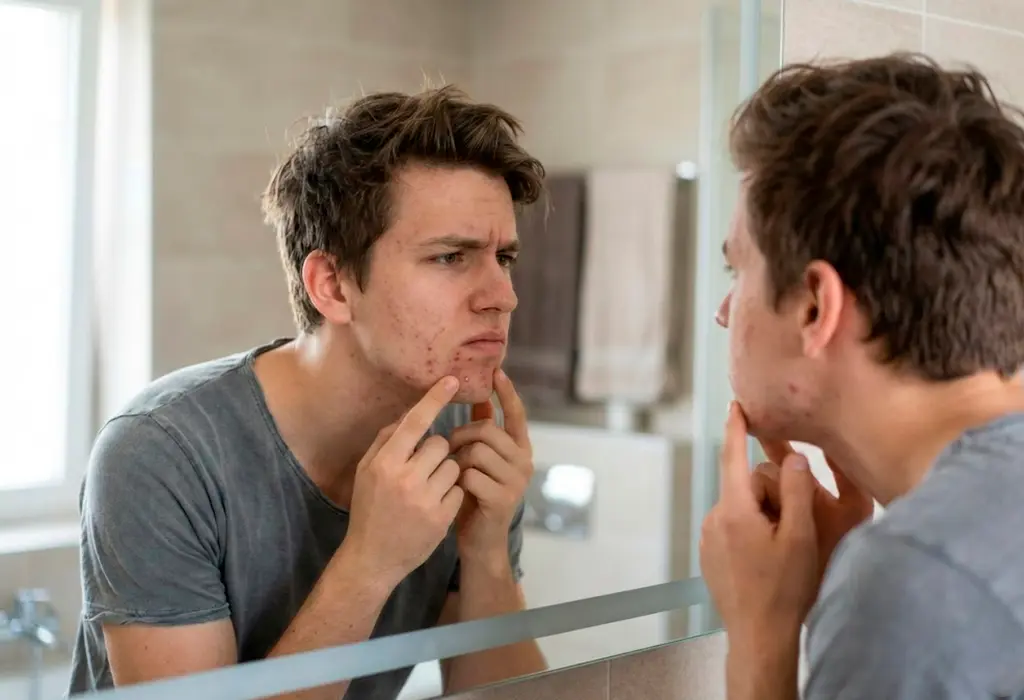 Young man with acne examining his reflection in bathroom mirror, touching blemishes with concern