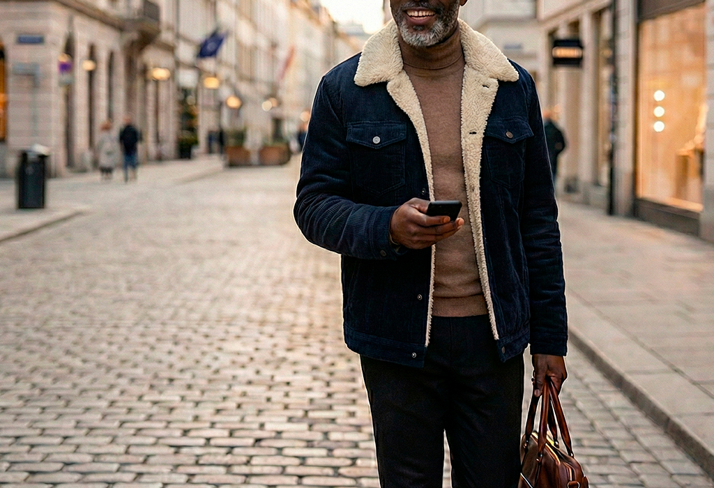 Man wearing dark denim sherpa jacket with cream lining, holding phone and leather bag
