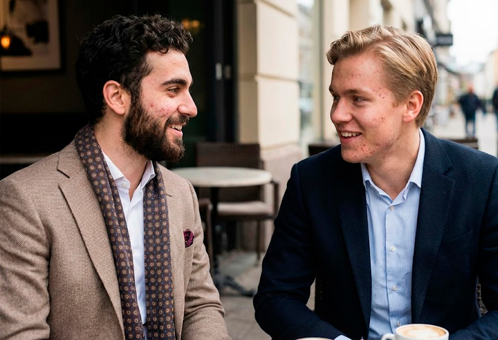Two well-dressed young men with mild acne chatting over coffee at an outdoor café.