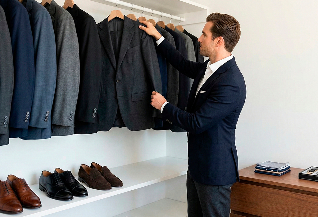 Man selects a dark blazer from a curated rack, building a repeatable uniform with classic shoes.